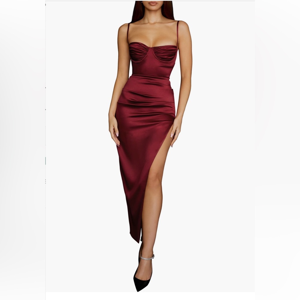 House of CB Wine Flora Pleated Satin Midi Dress